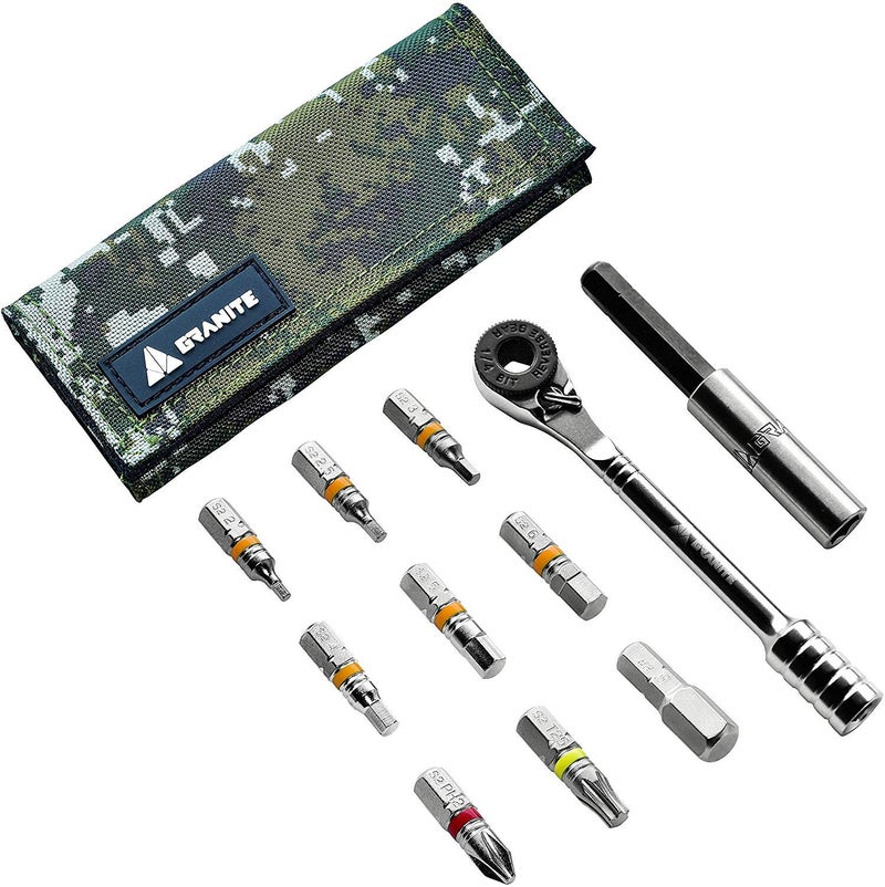 Granite Rocknroll Mini Ratchet Bike Tool Kit, Bike Multitool Kit with 9 Tool Bits and Extension Rod, Portable Bicycle Tool Kit for Mountain Bike, Road Bike and Gravel Bike (Green Camo) - Image 1
